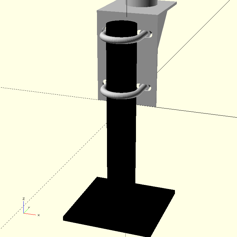 Custom manufactured EED mounting bracket holding a radar rain gauge sensor on a mast with two U-bolts