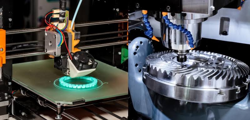 On the left, a 3D printer building a plastic prototype part;
                  on the right, a CNC mill machining a metal gear